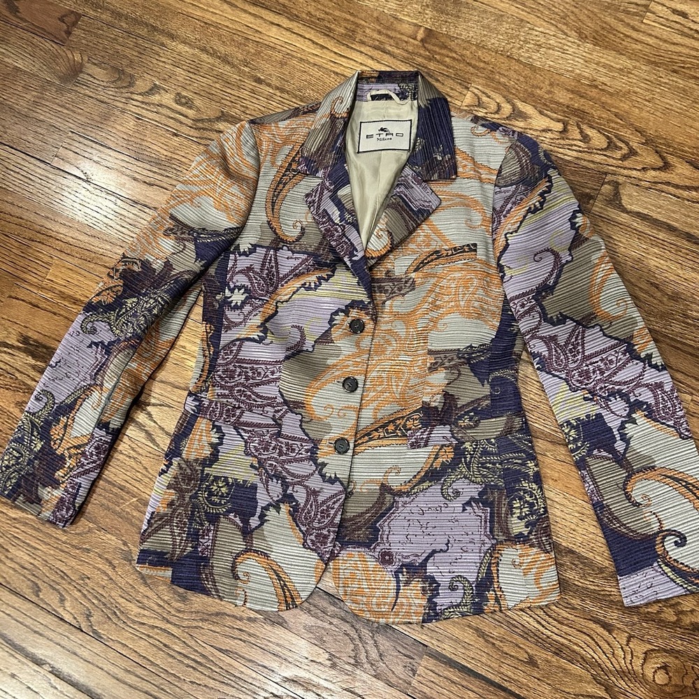 ETRO MILANO Purple Gray Orange Paisley Wool Silk Blend Blazer Jacket Sz 42 - Picture 2 of 13